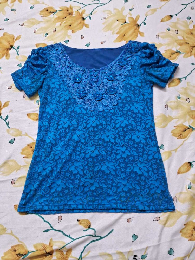 Blue Floral Lace Neck Top