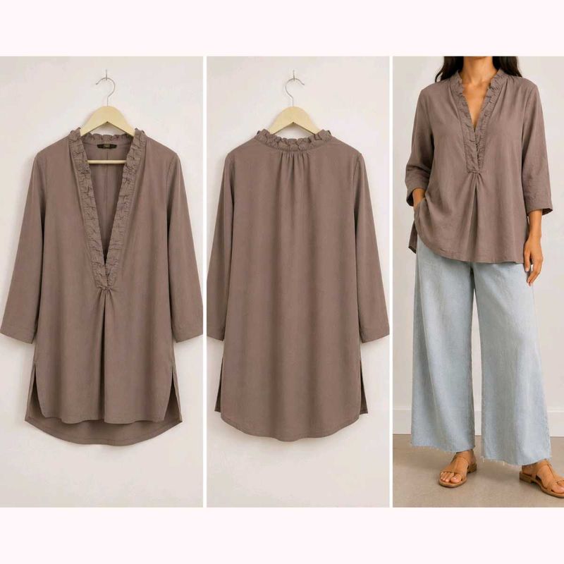 Brown Ruffle Neck Tunic Top