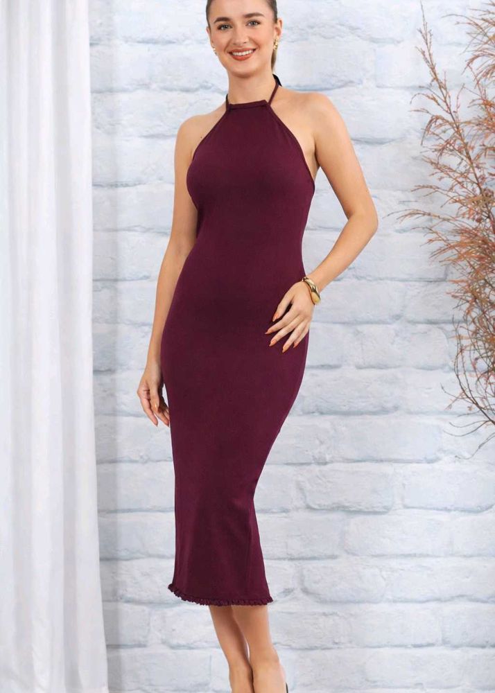 Burgundy Halter Midi Dress