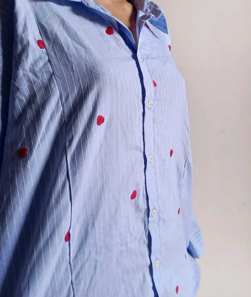 Blue Striped Shirt with Red Accents
