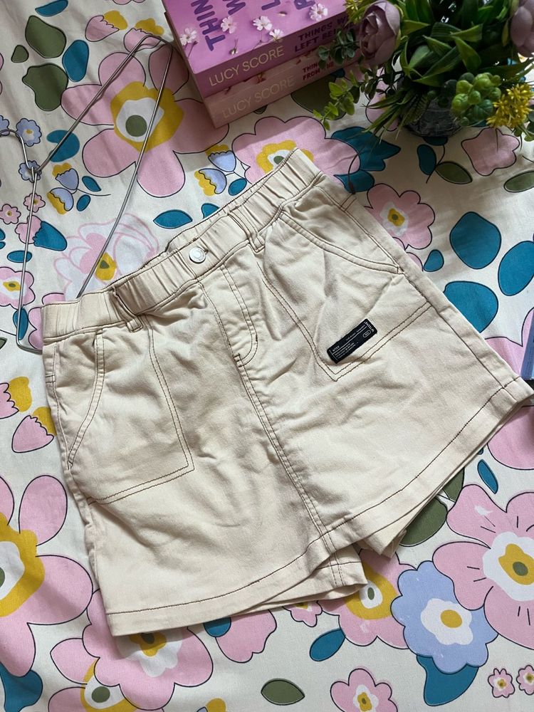 High-Waisted Cotton Denim Skort in Beige/Khaki