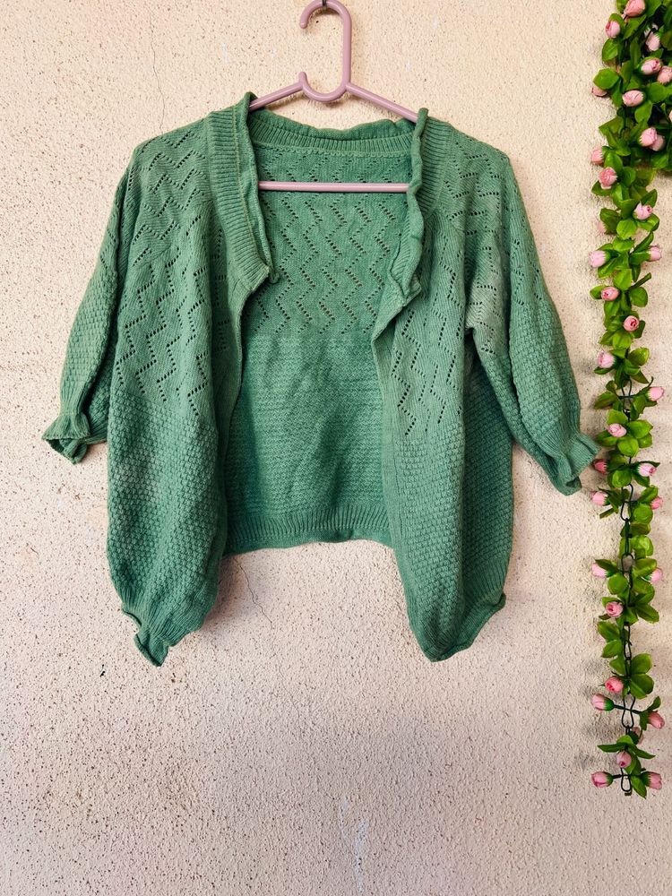 Green Cropped Knit Cardigan
