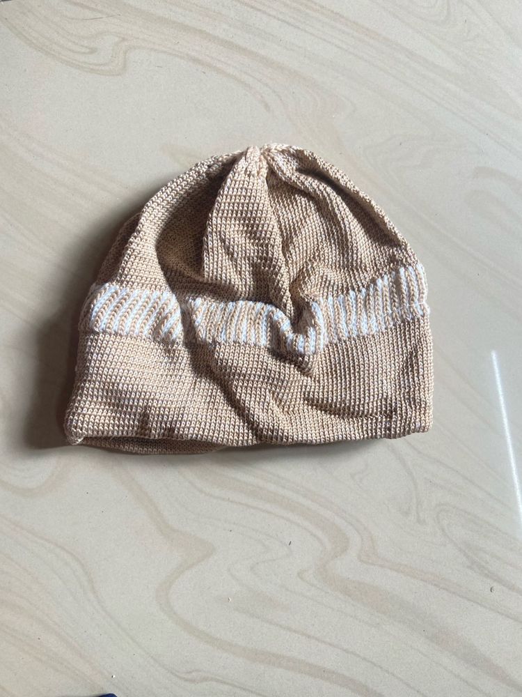 Beige Knit Beanie Hat
