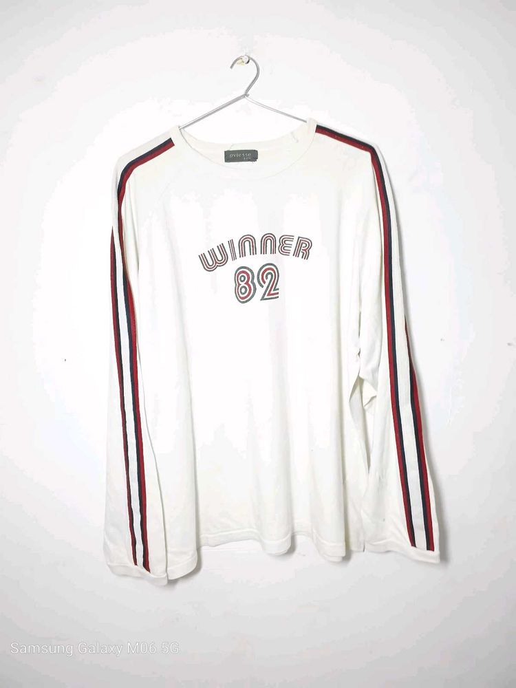 White Long Sleeve T-Shirt with Striped Sleeves