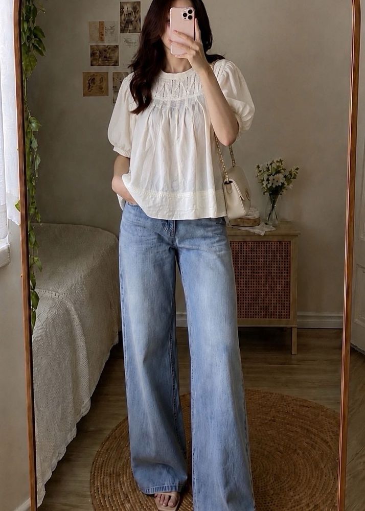 Calvin Klein Cream Puff Sleeve Smocked Top