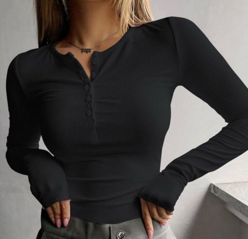 Ribbed Long Sleeve Button Up Top