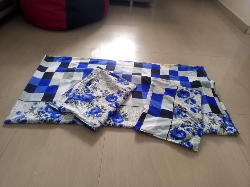 White Blue Flower Double Bed Sheet