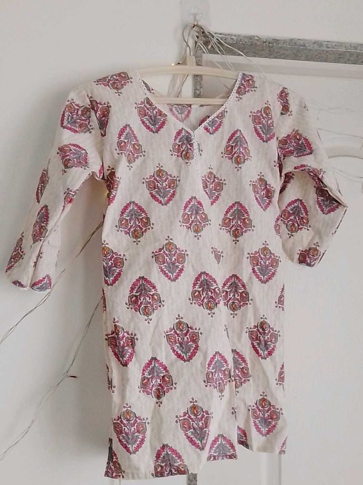 Cream Kurta with Pink Floral Print