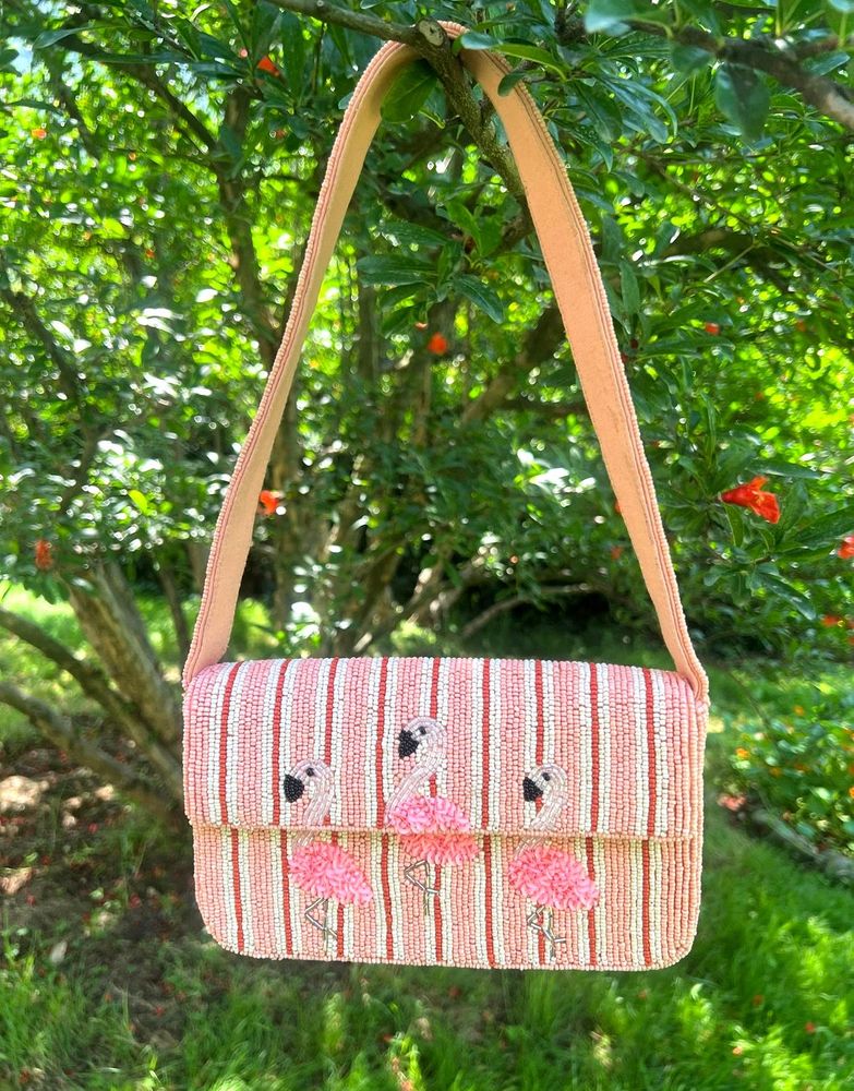 Pink Flamingo Beaded Shoulder Purse