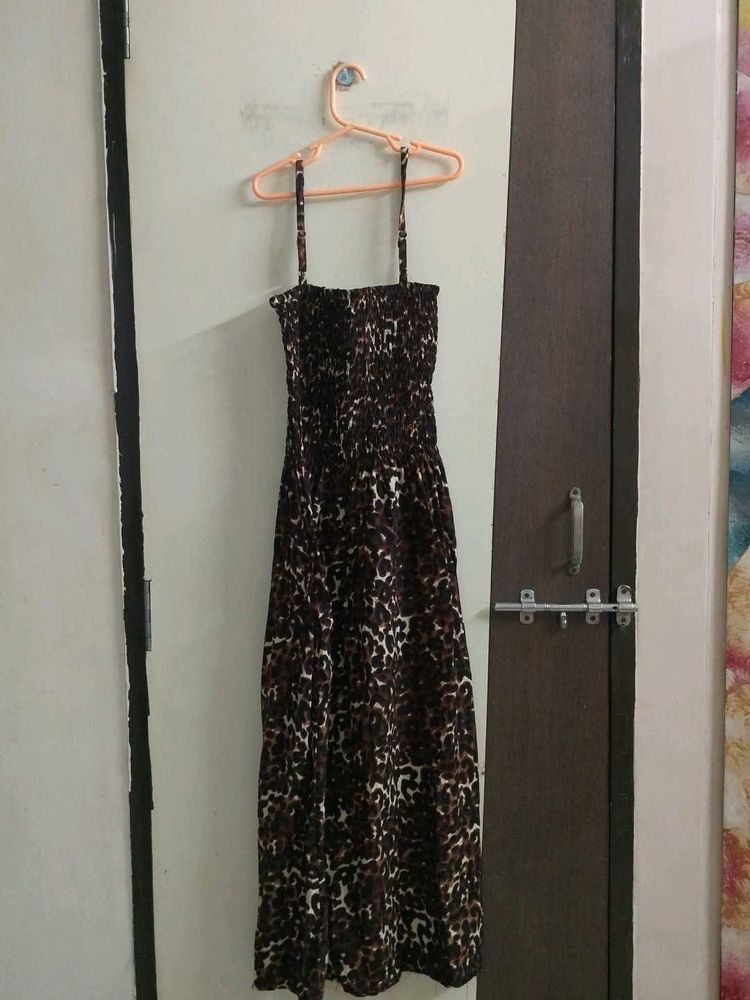 Leopard Print Smocked Maxi Dress