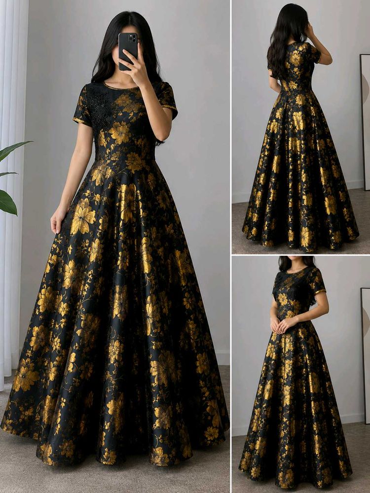 Black &amp; Golden Floral Net Long Gown / Anarkali Dre