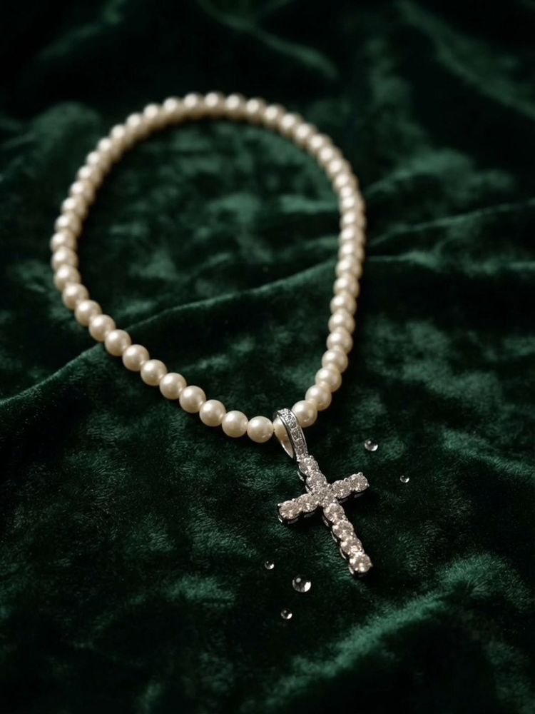 Pearl Necklace with Diamond Cross Pendant