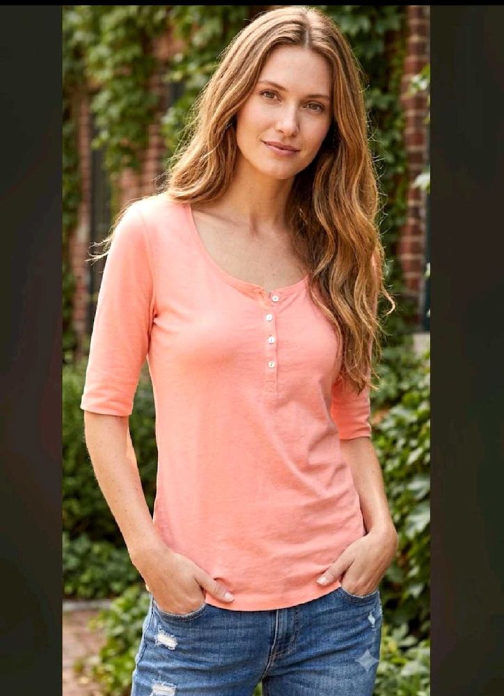 Coral Henley Top with Buttons