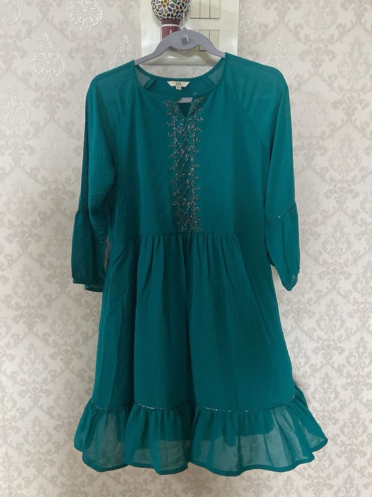 Elegant Teal Embroidered knee length dress