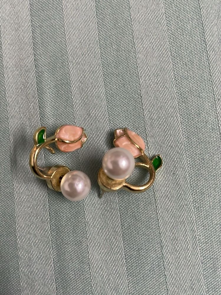 Cute Pink Flower Pearl Earrings