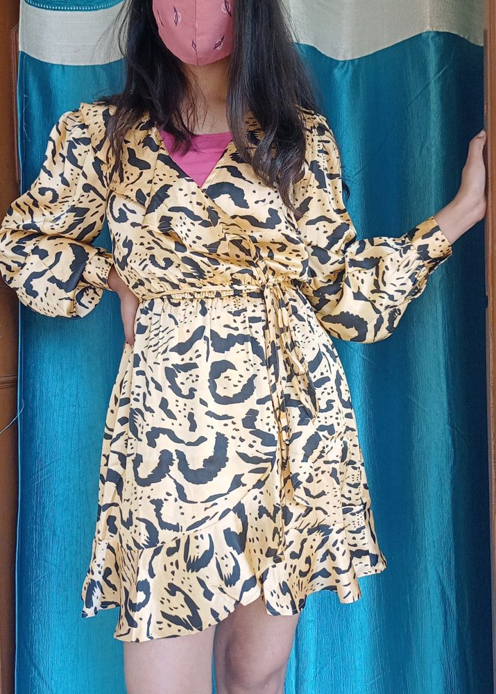 Heavy Satin Animal Print Wrap Style Dress