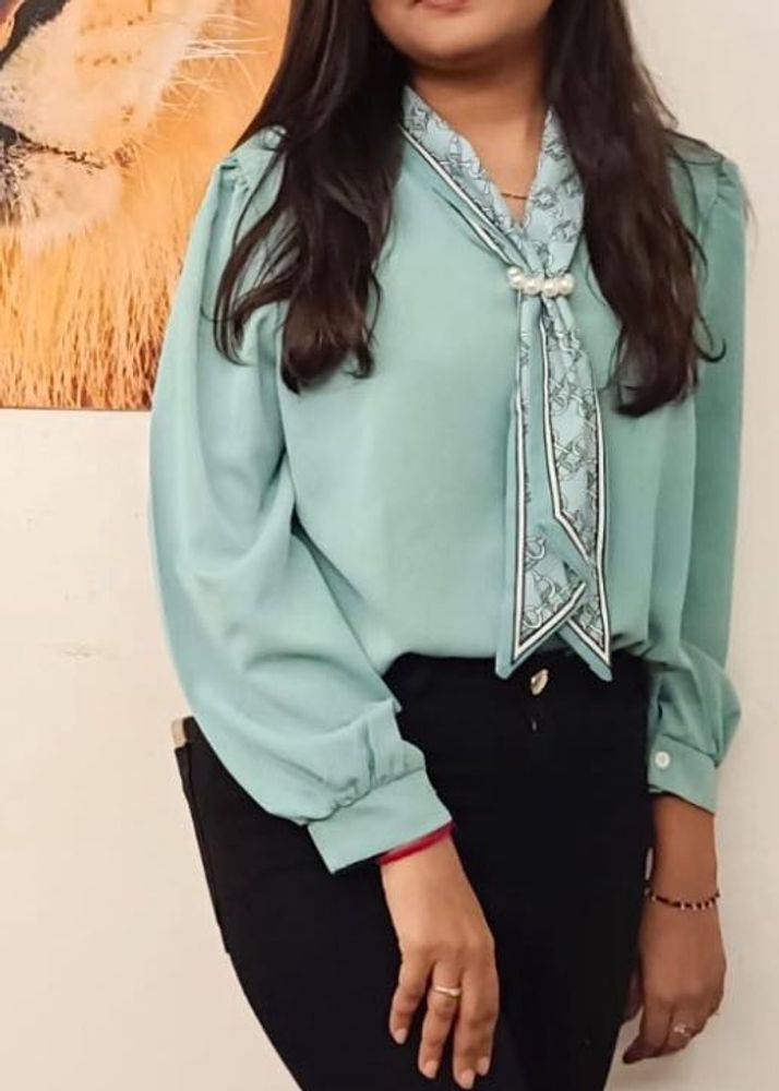 Elegant Teal Blouse with Scarf Detail