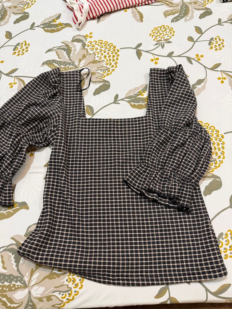Chic Plaid Square Neck Puff Sleeve Top