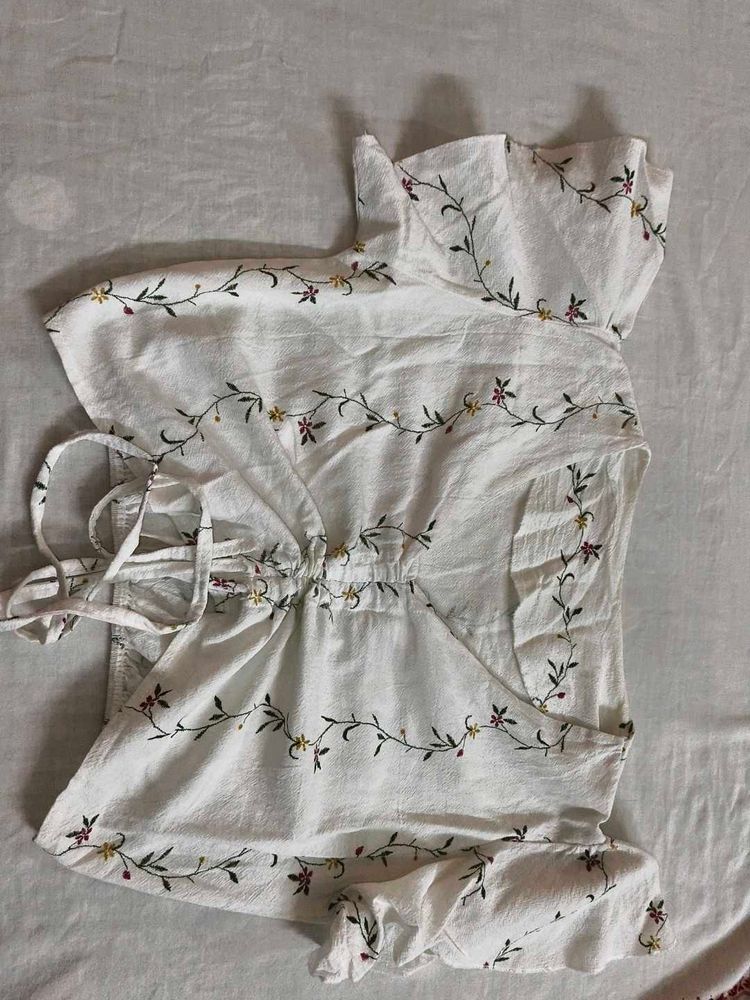 White Floral Print Wrap Top