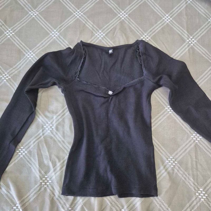 Black Long Sleeve Coquette Top with Lace Tr