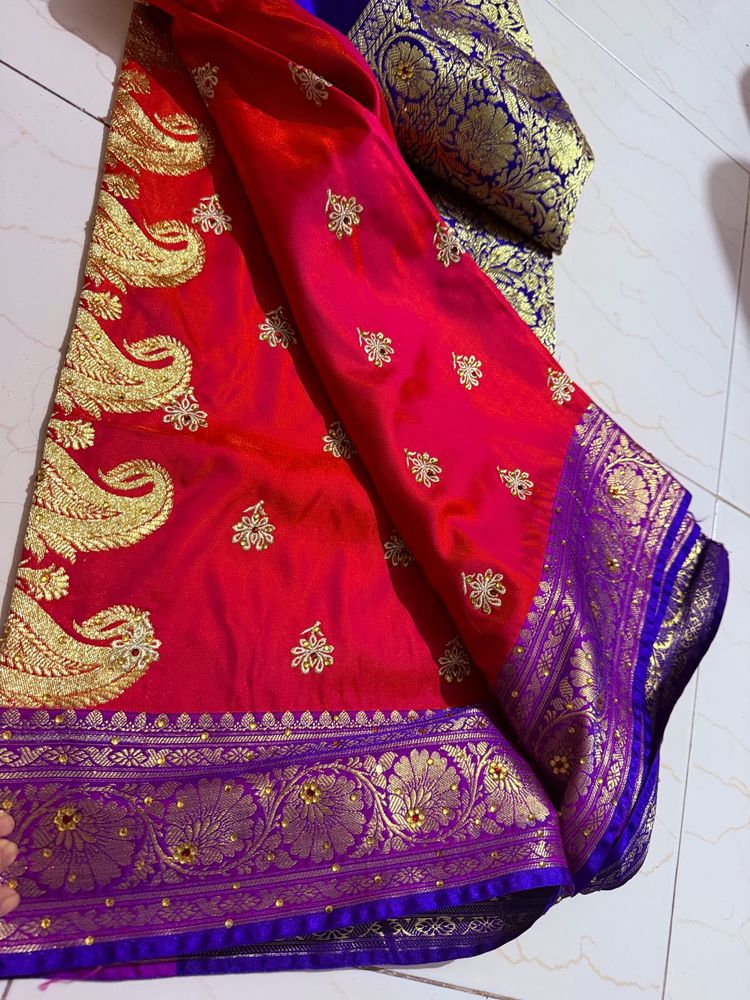 Vibrant Red &amp; Purple Silk Saree
