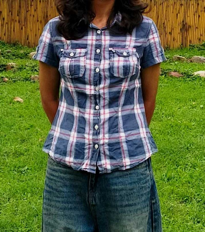 Blue Plaid Short Sleeve Button-Up Shirt