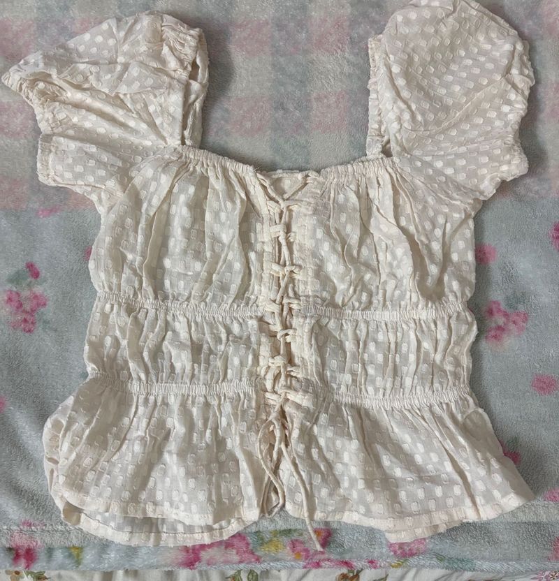 Cream Textured Puff Sleeve Crop Top