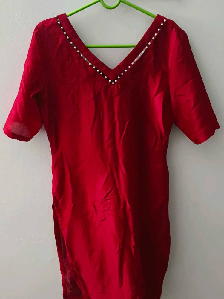 Red Kurta with Pearl Detail