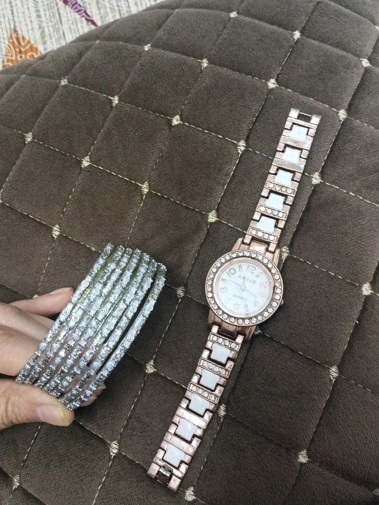 Elegant Rose Gold Watch &amp; Bangles Set