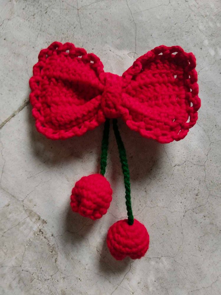 Red Crochet Bow Hair Clip with Cherries