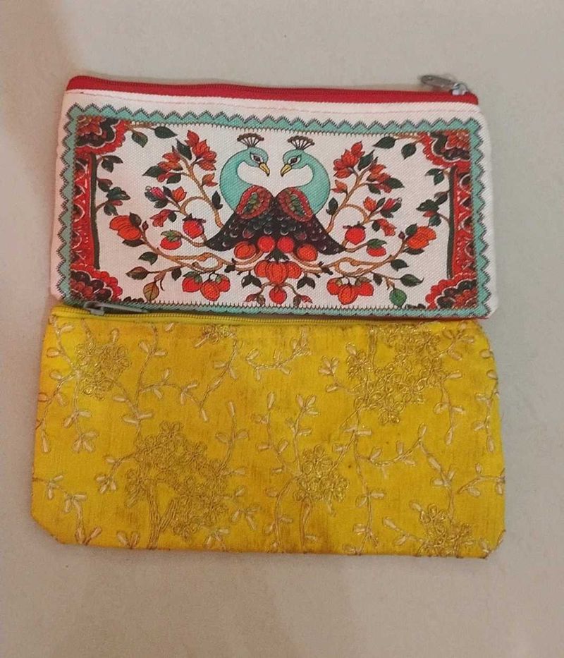 Peacock Print &amp; Embroidered Pouches (Set of 2)