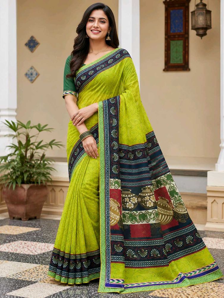Beautiful Lime Green Printed Saree