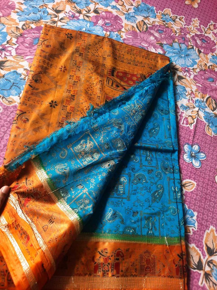 Vibrant Orange and Blue Silk Saree