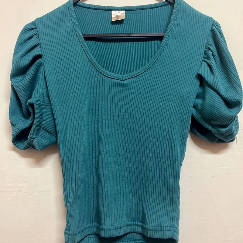 Teal Puff Sleeve Ribbed Top