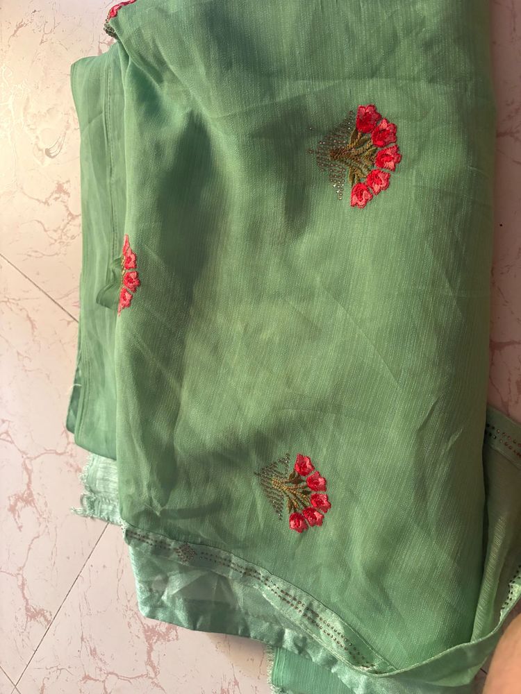 Elegant Green Embroidered Saree with unstitch blou