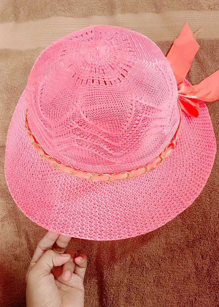 Pink Straw Sun Hat with Ribbon