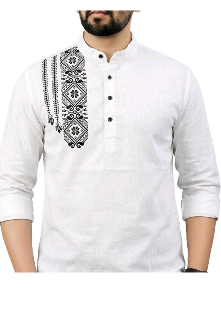 Men's White Kurta with Black Embroidery