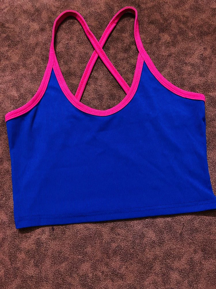 Blue Crop Top with Pink Trim