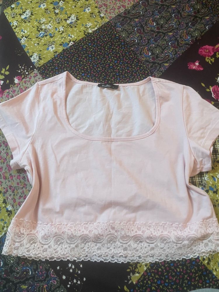 Pink Lace Trim Crop Top