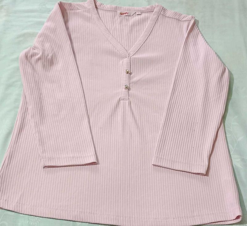 Pretty Pink Ribbed V-Neck Top