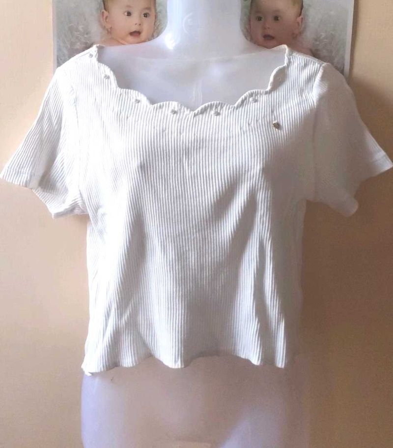 White Ribbed Scallop Neck Top