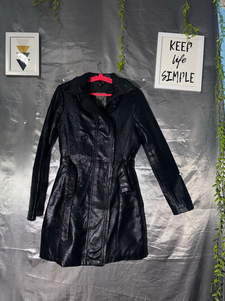 GUESS Shiny Black Double-Breasted Trench Coat