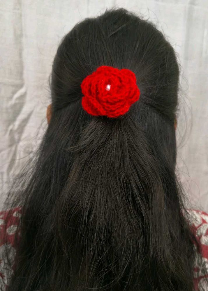 Handmade Crochet Red Rose Hair Tie