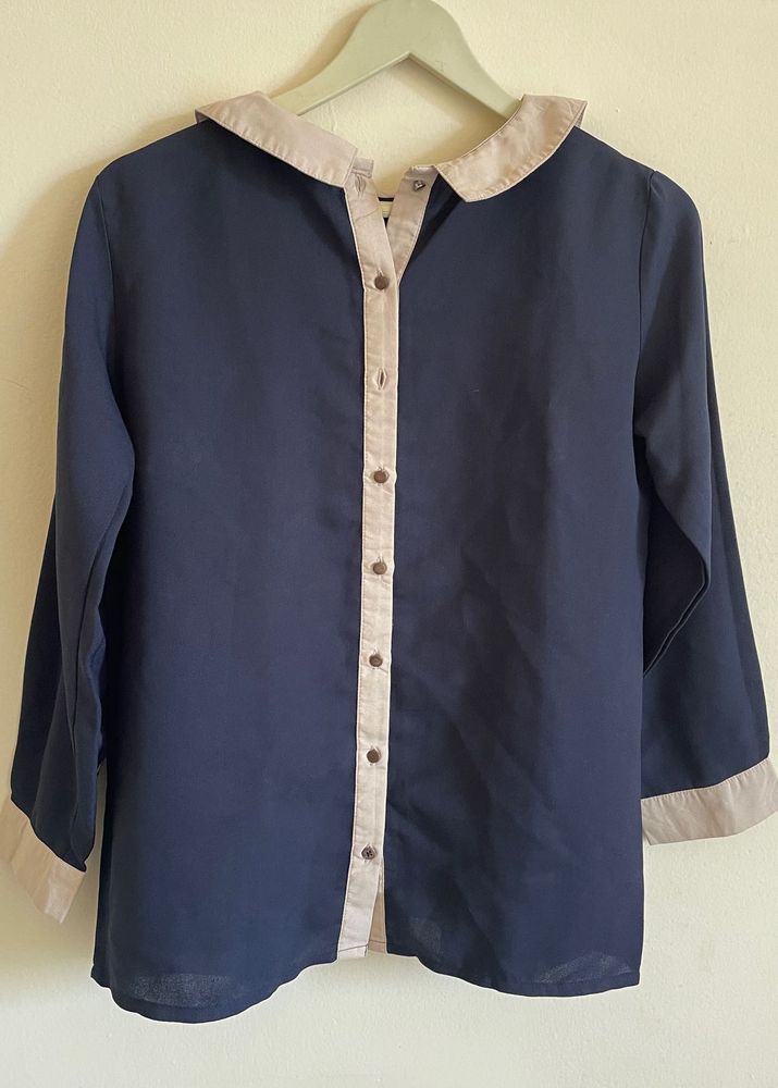 Navy Blue Collared Button-Up Blouse