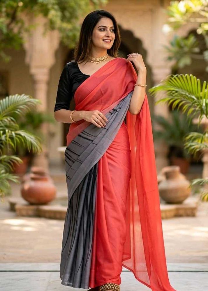 Elegant Red &amp; Grey Ombre Saree