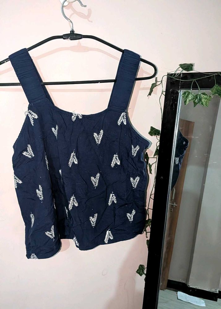 Navy Blue Heart Print Crop Top