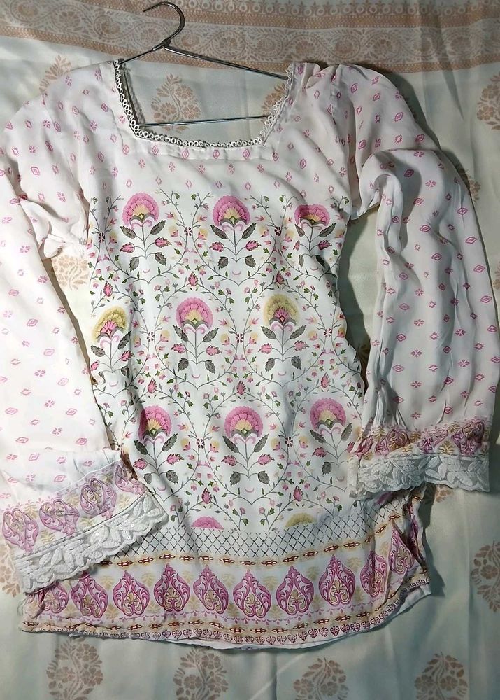 white &amp; pink floral printed lace kurti