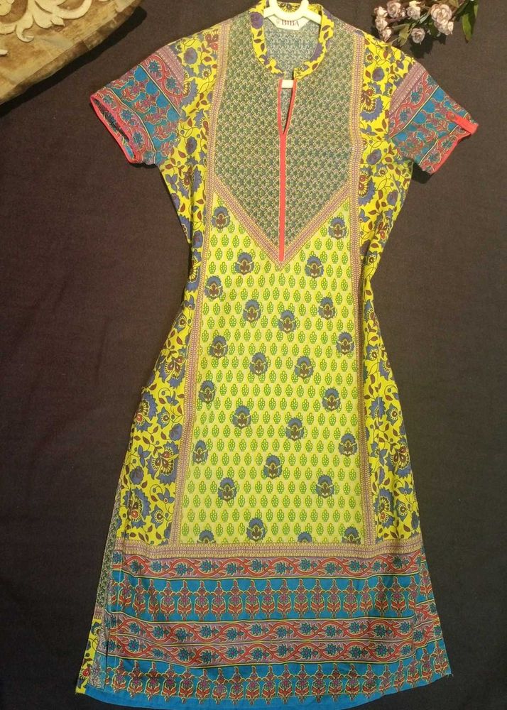 BIBA Lime Yellow Straight Bohemian Printed Kurta-S