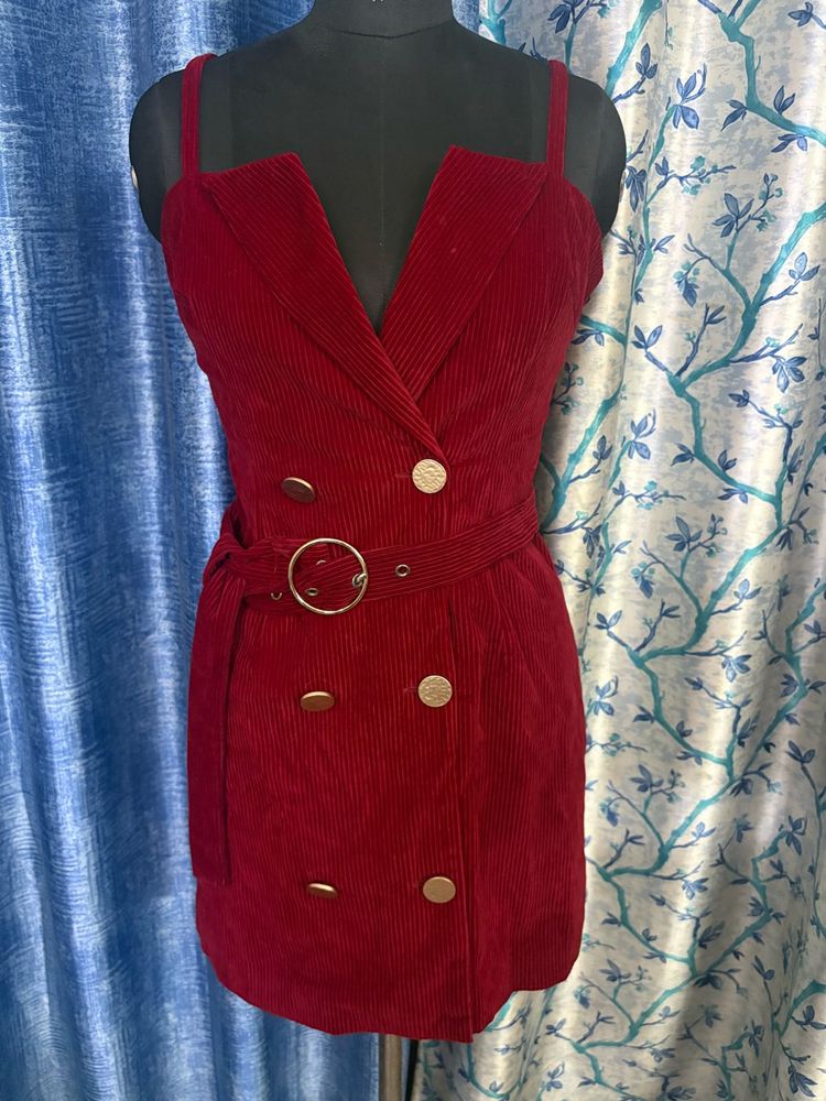 Chic Red Corduroy Double-Breasted Dress