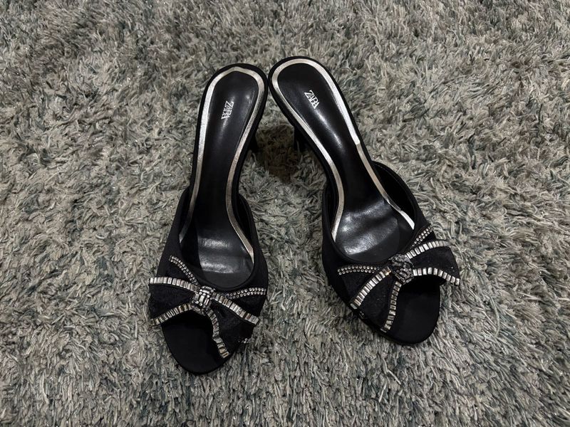 ZARA  Black Satin Rhinestone Bow Mules